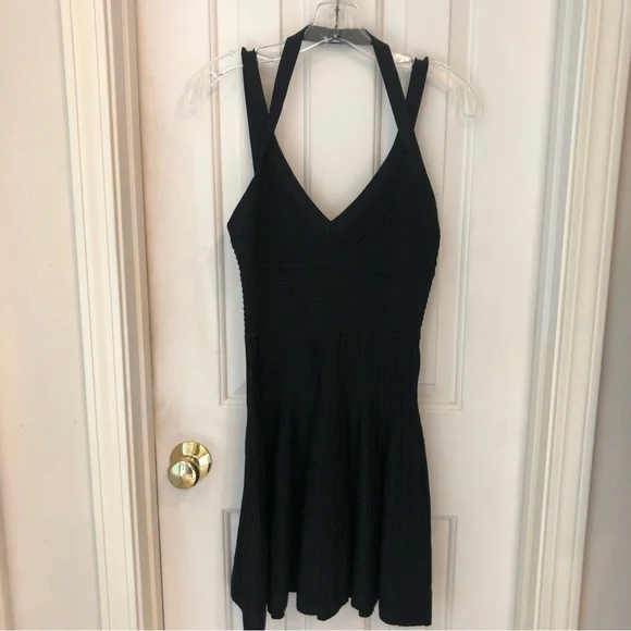 BCBGMaxAzria cocktail dress black ribbed mini full skirt, straps, Sz S, Elegant! - Picture 15 of 16